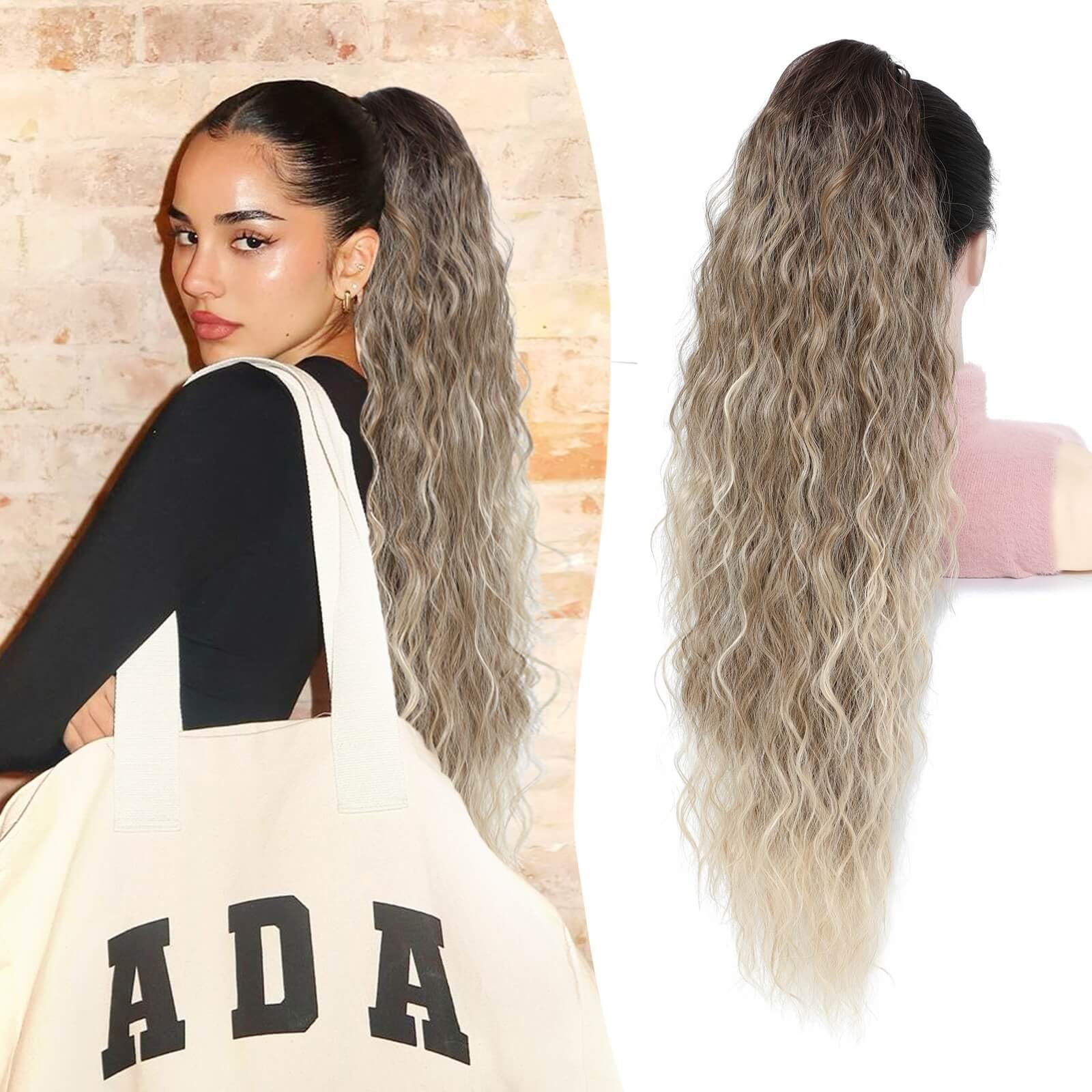 Flyroseing Ponytail Extension, Long Curly Wavy Claw Clip in Ponytail Hair Extensions, Synthetic Hair Extensions Ponytail, 30inch Hairpieces for Daily Party Use Ombre Brown Blonde — image 1