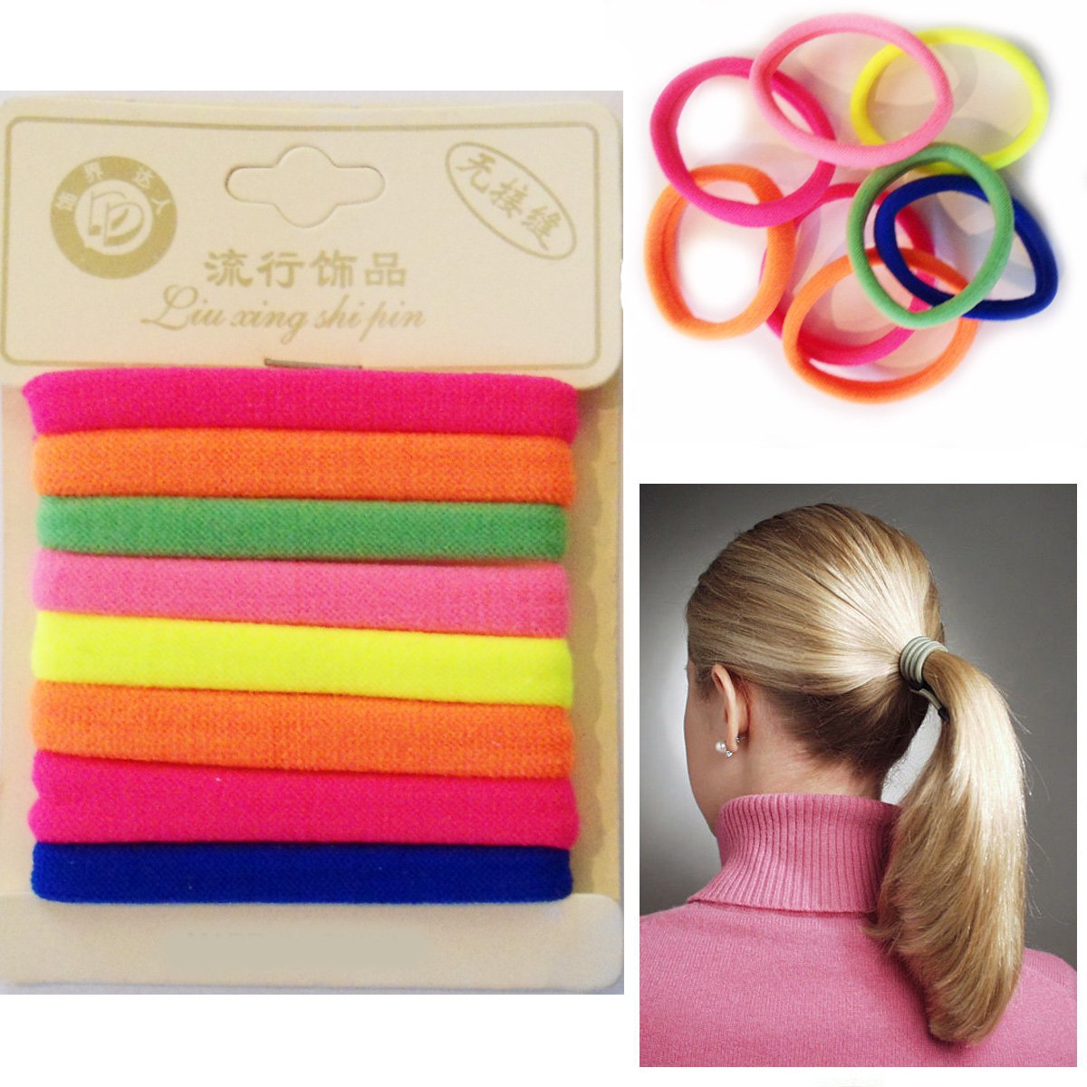 8 x Hair Bands Ponytail Band Florescent Elastic Rubber Thick Hair