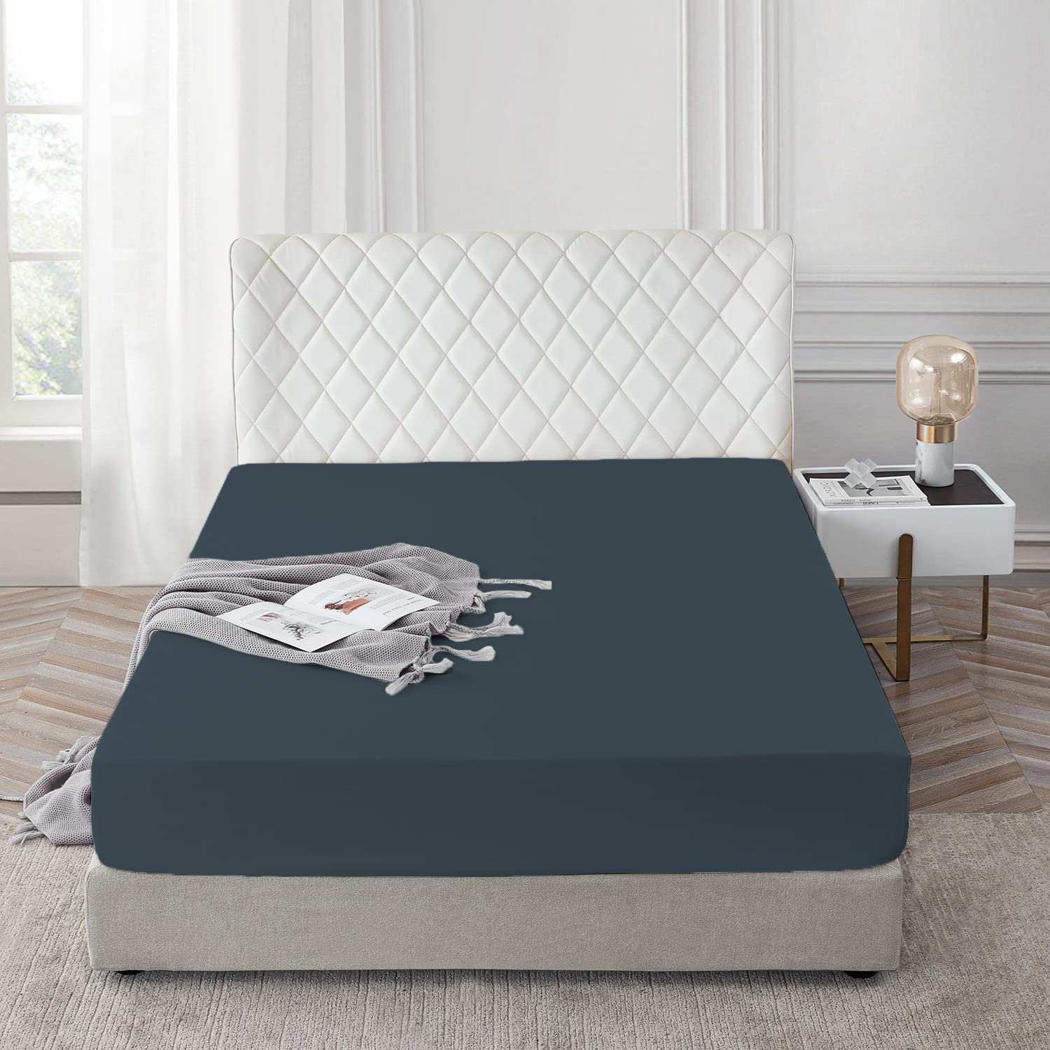 AR Ware Double Fitted Sheet 100% Egyptian Cotton 300 TC, Breathable Deep Fitted Sheets Double Bed, Hotel Quality 30 Cm Fitted Bed Sheets (Charcoal) — image 1