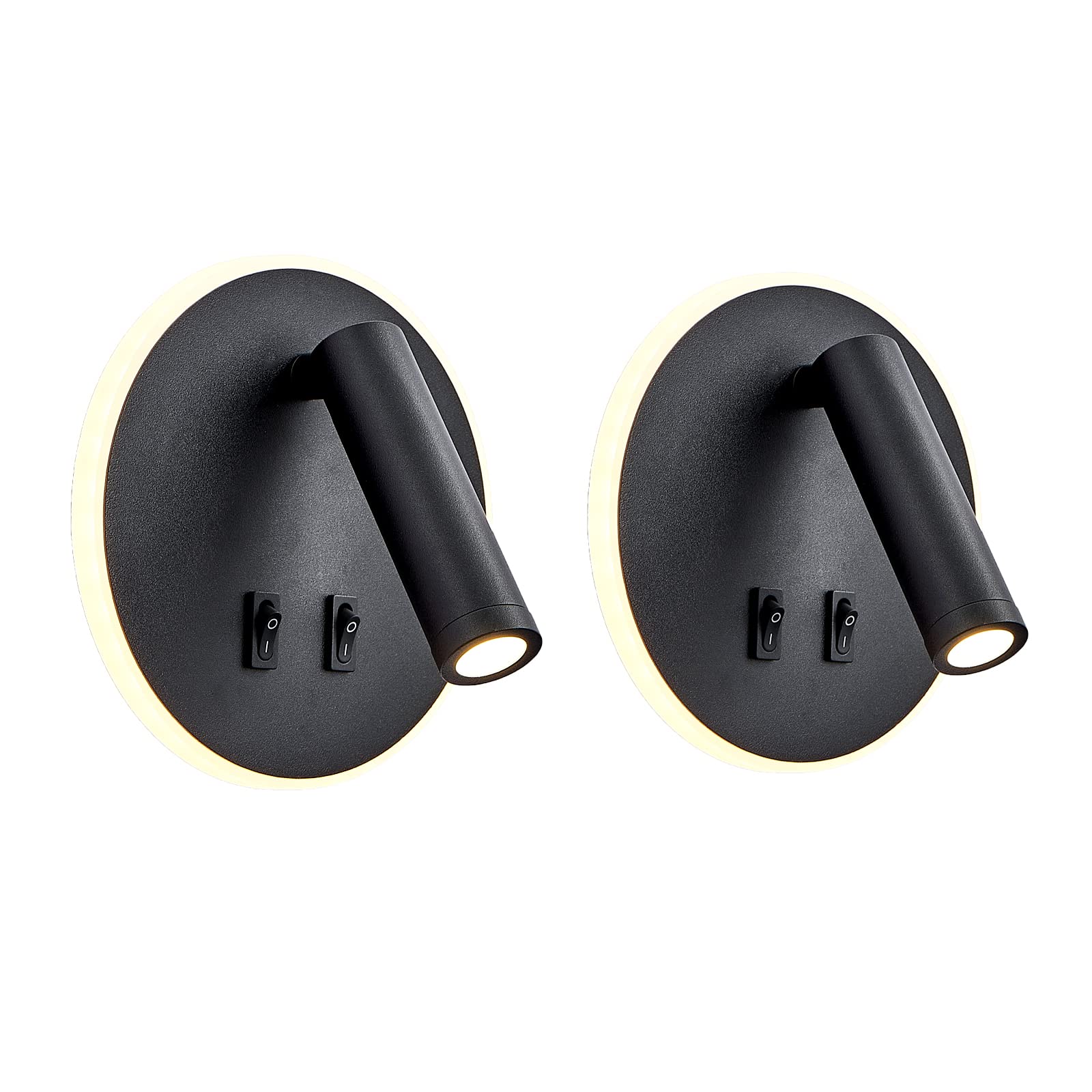 uksunvi LED Wall Mounted Lamp,Bedside Reading Wall Light,12W LED Wall Lamp, Adjustable Spotlight （3W +9W 3000K Warm Light） (2PCS Black Circular)