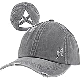 Women Distressed Ponytail Baseball Caps Adjustable Criss Cross Ponytail Hats High Messy Bun Ponycap Trucker Hat
