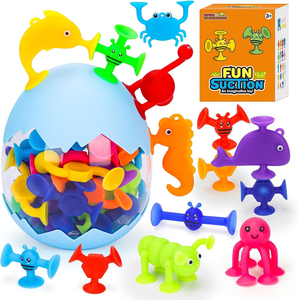 Flnlano 30 Pcs Suction Bath Toys Set Silicone Sensory Fidget Toys for Kids