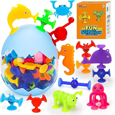 Flnlano 30 Pcs Suction Bath Toys Set Silicone Sensory Fidget Toys for Kids