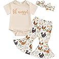 Dewadbow Western Baby Girl Summer Outfit Letter Print Short Sleeve Romper Chicken/Cow Print Flare Pants Set Kids Farm Clothes
