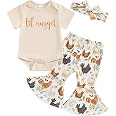 Karuedoo Newborn Baby Girl Farm Outfits Letter Print Short Sleeve Romper Chicken Flared Pants Headband 3Pcs Outfits Sets