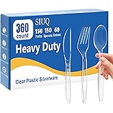 SIUQ 360 Count Heavy Duty Clear Plastic Silverware, 150 Forks, 150 Spoons, 60 Knives, Disposable Plastic Utensils Set, Plastic Cutlery Set, Plasticware Bulk for Parties, Catering, Picnic