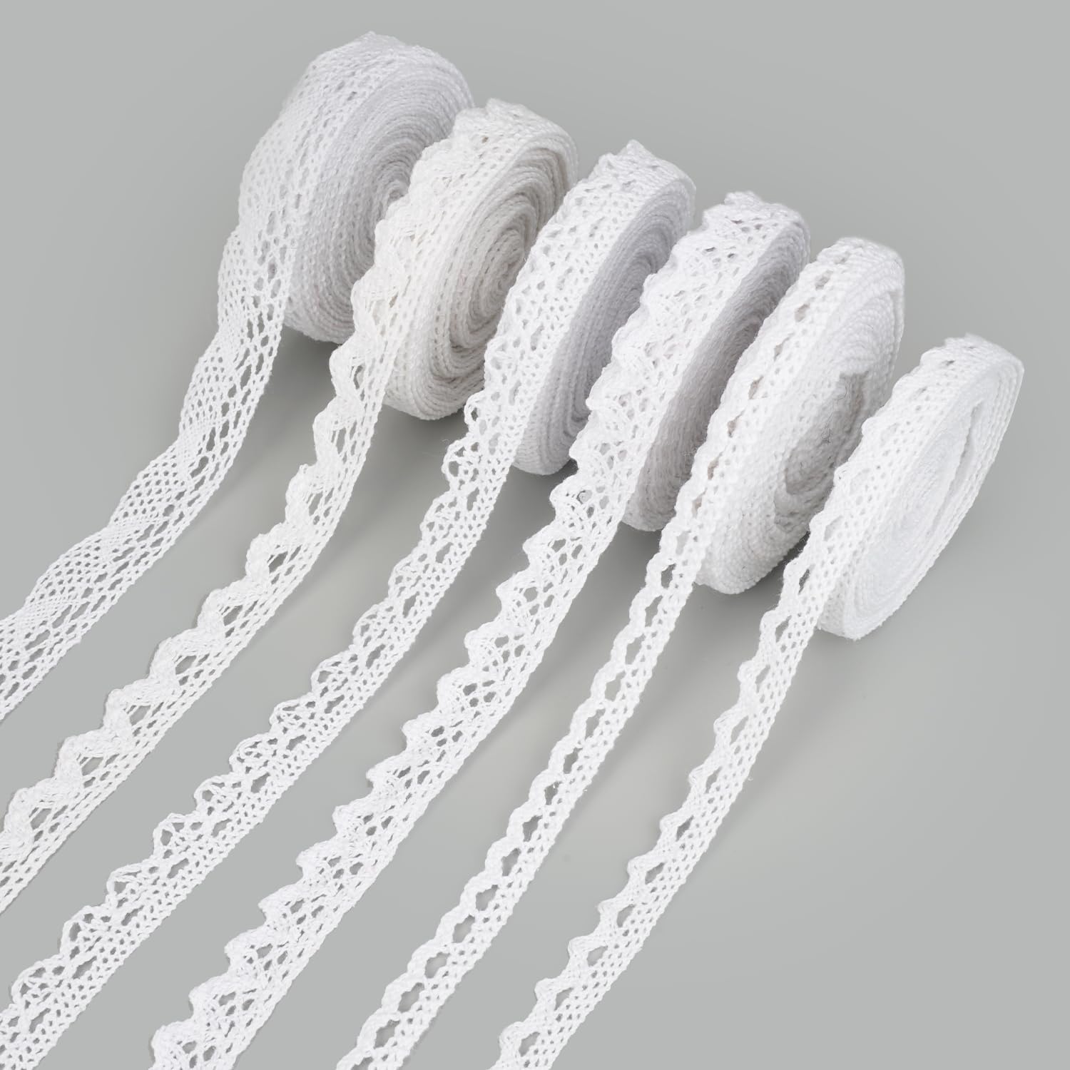 6 Rolls Lace Trimming for Sewing, 30 Yards Vintage White Lace Trim, 0.8-2cm Width Crochet Ribbon Trim, Cotton Laces Ribbon for Crafting, Sewing, Gift Package, Christmas Wedding Cards Decorations