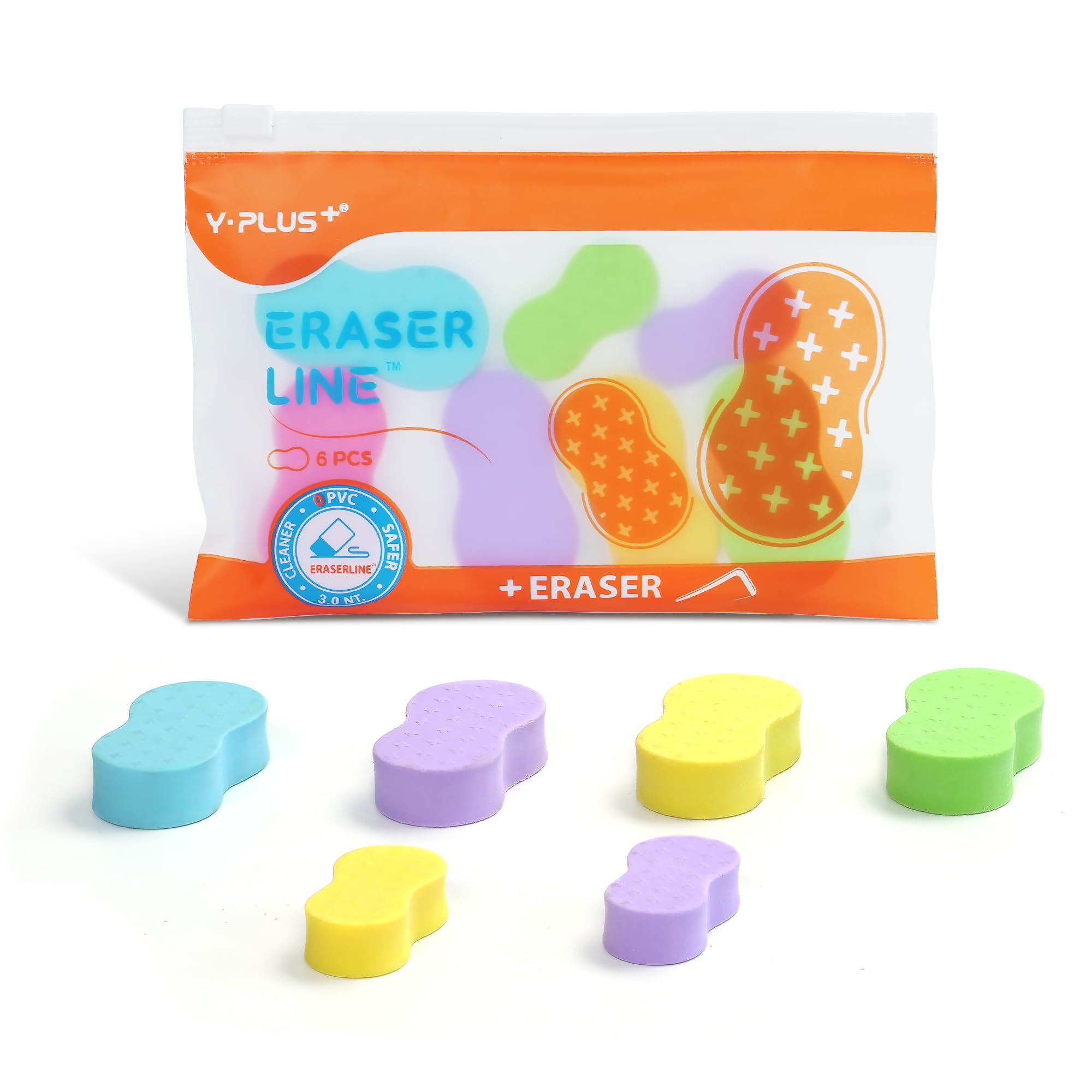 Yplus Eraser Line - Hipolymer Pencil Erasers for School Office Cute White Eraser for Kids Artist No Residue 6 Pack Multicolor