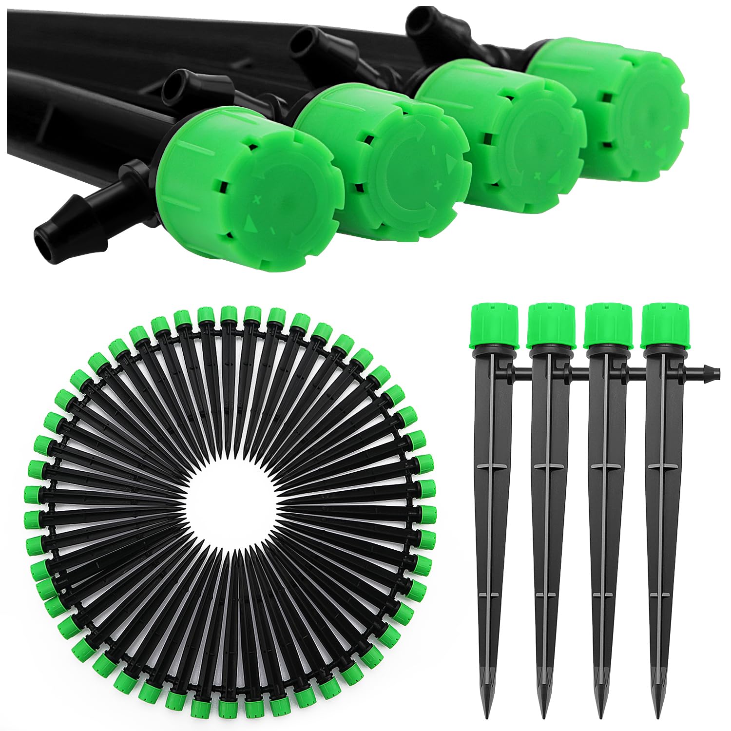 VooGenzek 50 PCS 360 Degree Adjustable Irrigation Dripper Sprinkler, Micro 8-Hole Stake Emitter Dripper with Barbed Connector for 4/7 mm Garden Hose Irrigation System, Water Flow Stake Emitter, Green