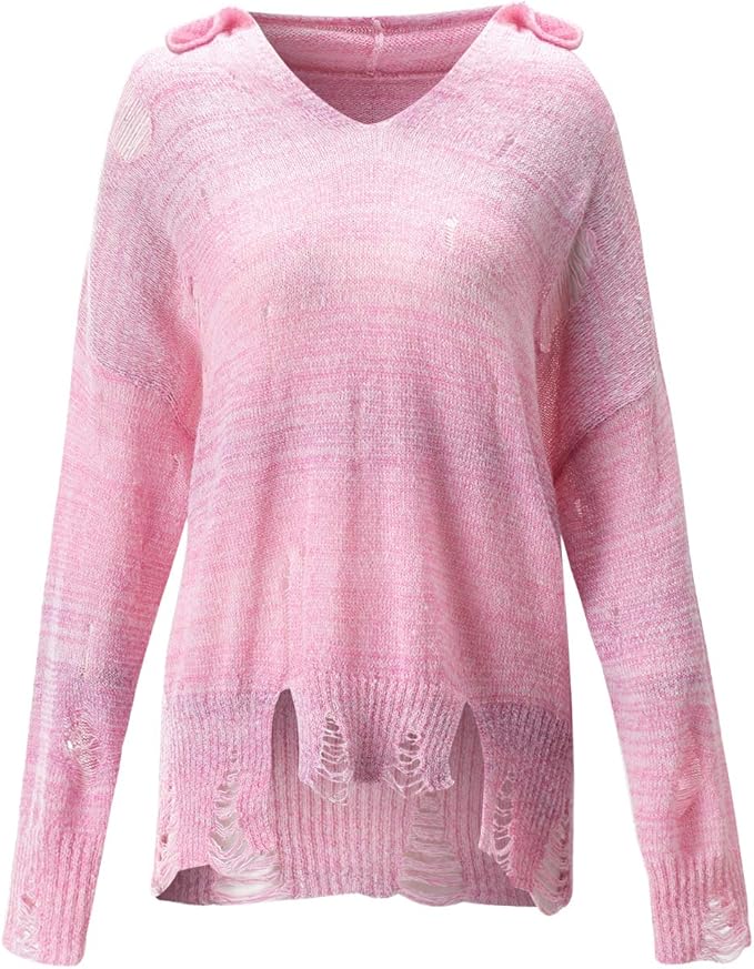 Bbrand Womens V Neck Long Sleeve Wool Ripped Hooded Pullover Gradient