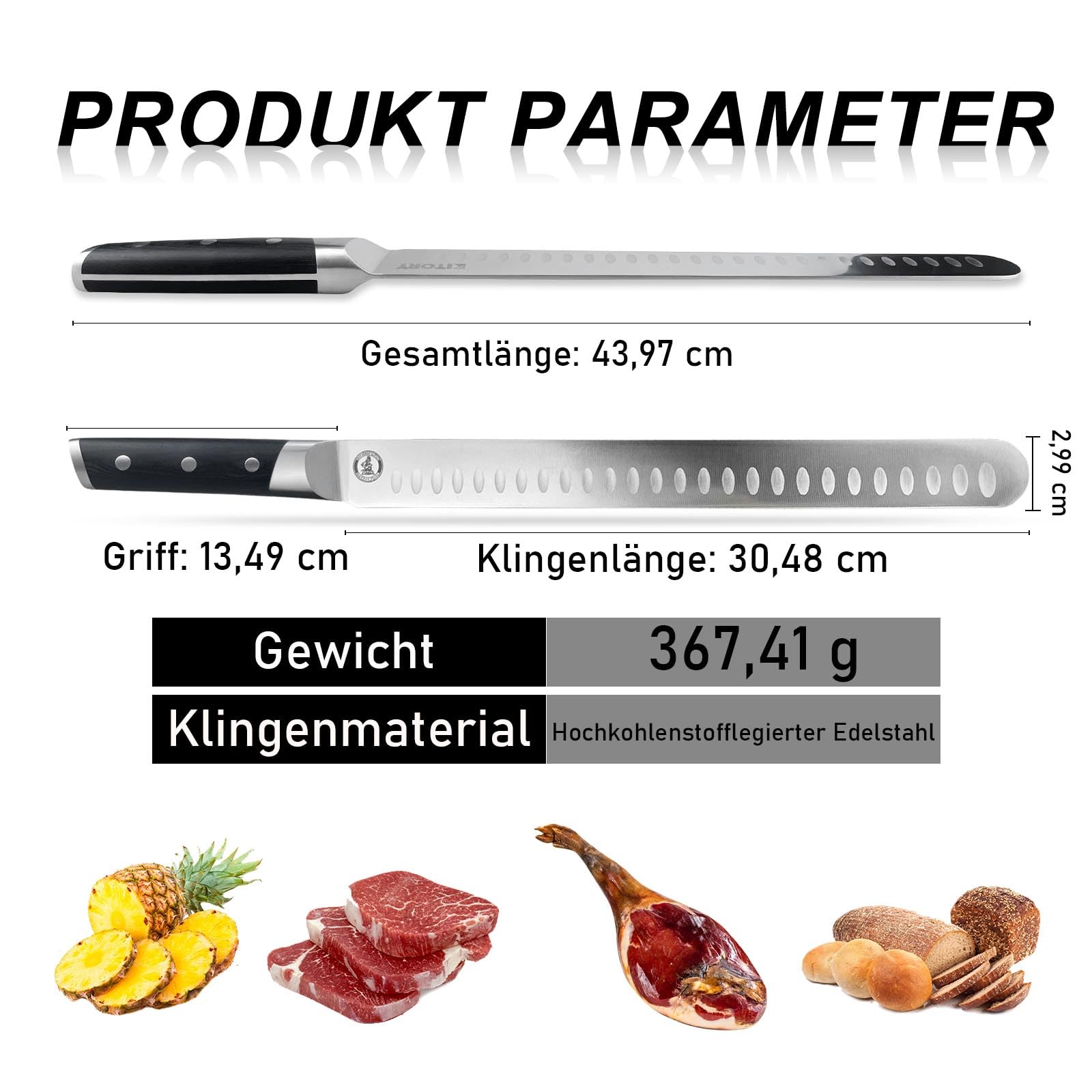 Kitory Schinkenmesser 30cm Tranchiermesser Brisket Messer aus Deutschem hochwertigem Edelstahl, Scharfe Aufschnittmesser mit Ergonomischem Pakkaholz Griff mit Geschenkbox 3