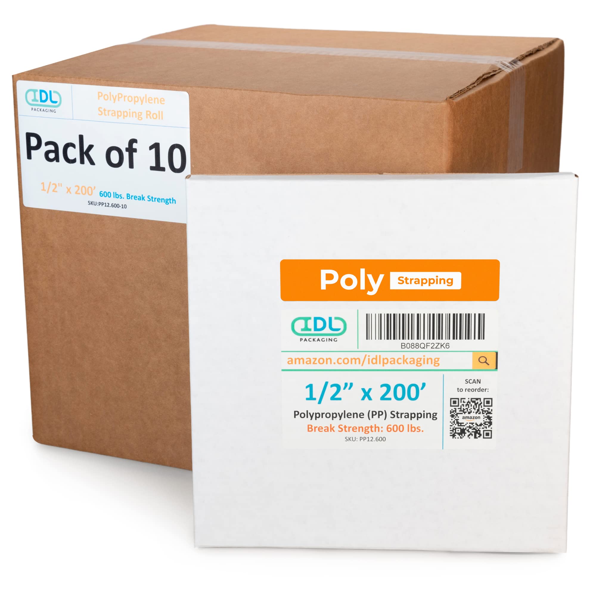IDL Packaging 1/2″ x 200′ Polypropylene (PP) Strapping Roll in Self-Dispensed Box (Pack of 10), 600 lbs Break Strength – Poly Banding Packing Straps