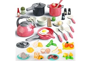 Bruvoalon 67Pcs Kids Play Kitchen Toys Set, Toddlers Pretend Cooking Playset Acccessories with Pots Pans, Utensils Cookware, Foods, Canned Veges, Learning Gift for Kids Girls Boys (Red)