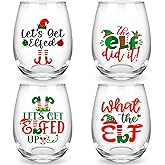 4 Pack Funny Christmas Stemless Wine Glass 17 oz Let's Get Elfed Up Christmas Wine Glass Xmas Tumbler Drinkware Gifts for Holiday Wedding New Year Party