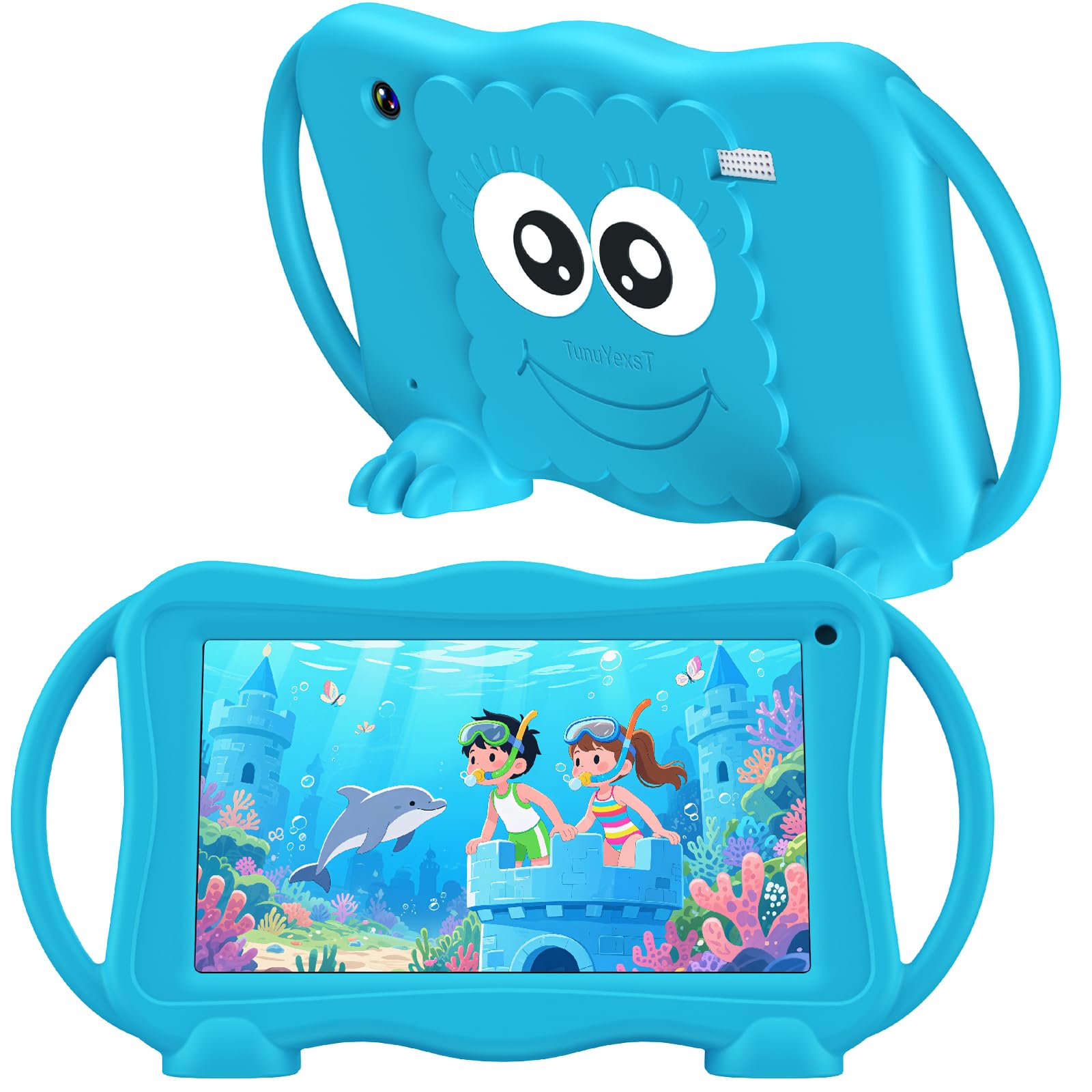 TUNUYEXST Kids Tablet 7 Inch Tablets for Kids 3-12, 32GB Toddler Tablet with Dual Camera, Parental Control, Solid Case, WiFi, GMS, Android Learning Software Installed (Blue)