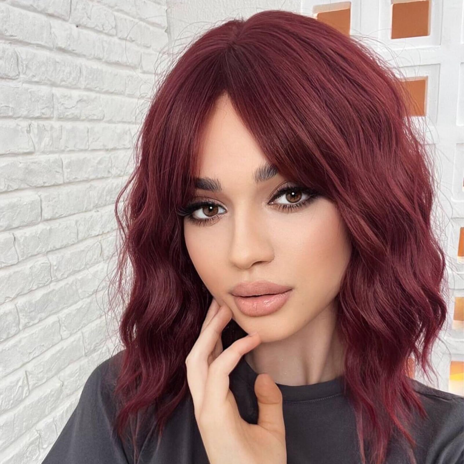 WOKESTAR Bob Curly Wig with Fringe, Short Synthetic Wavy Wigs for Women Wine Red Color — image 1