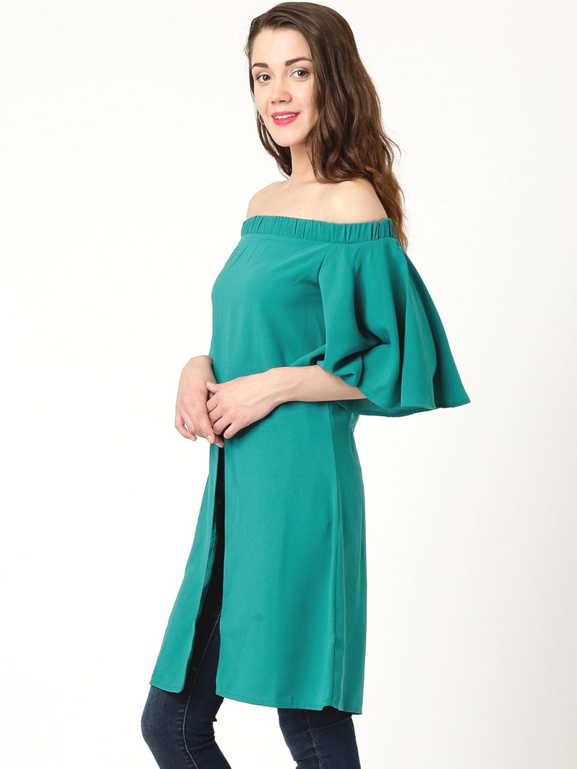 marie claire women teal green solid regular off-shoulder top (mc10240a)