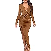 YMDUCH Women's Elegant Deep V Neck Long Sleeve Ruched Bodycon Split Party Maxi Dress