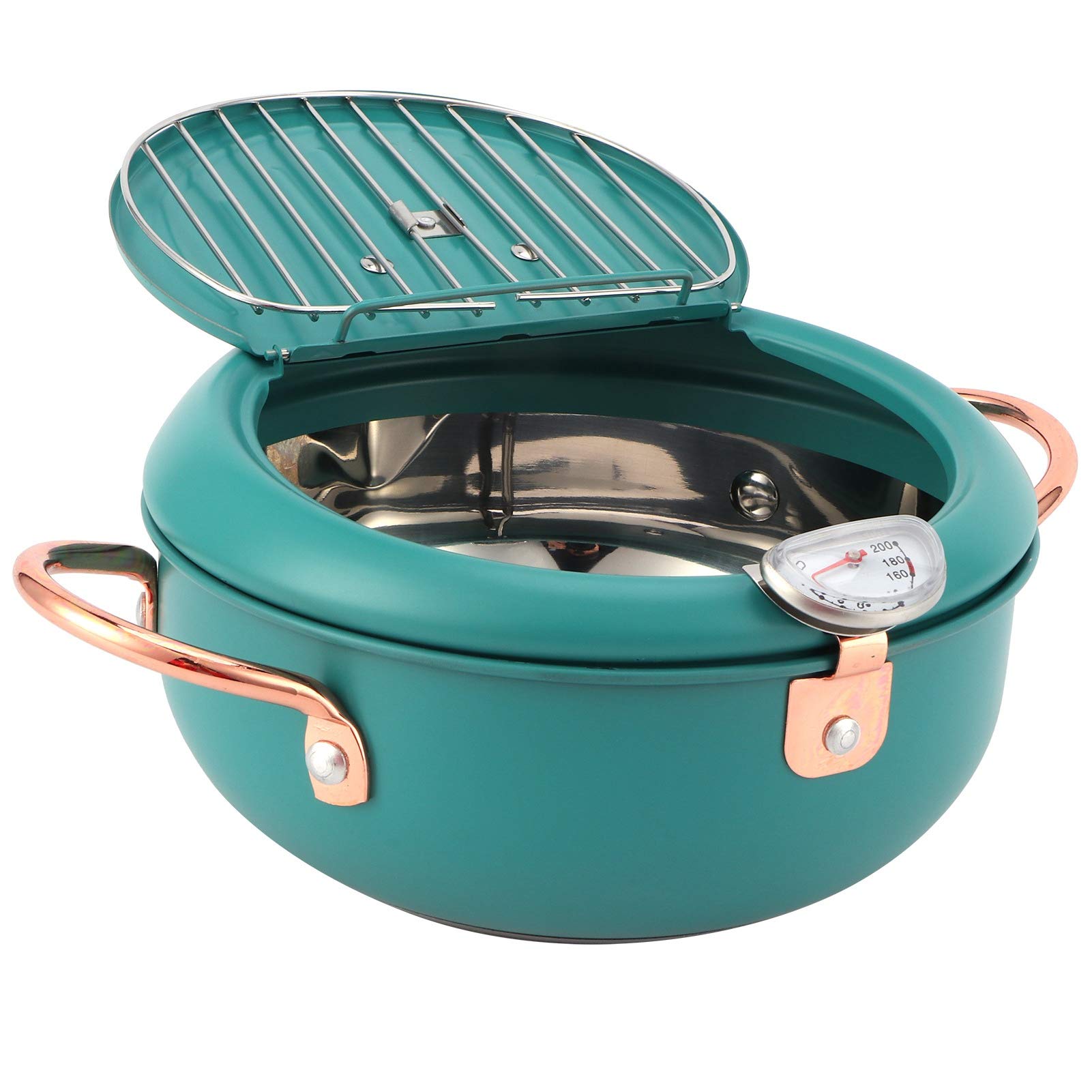 Fryer Pot Aatraay 25 * 22 * 11 Frying Pot with Thermometer Japanese Stainless Steel Fryer Pan for Induction Cooker Deep Green