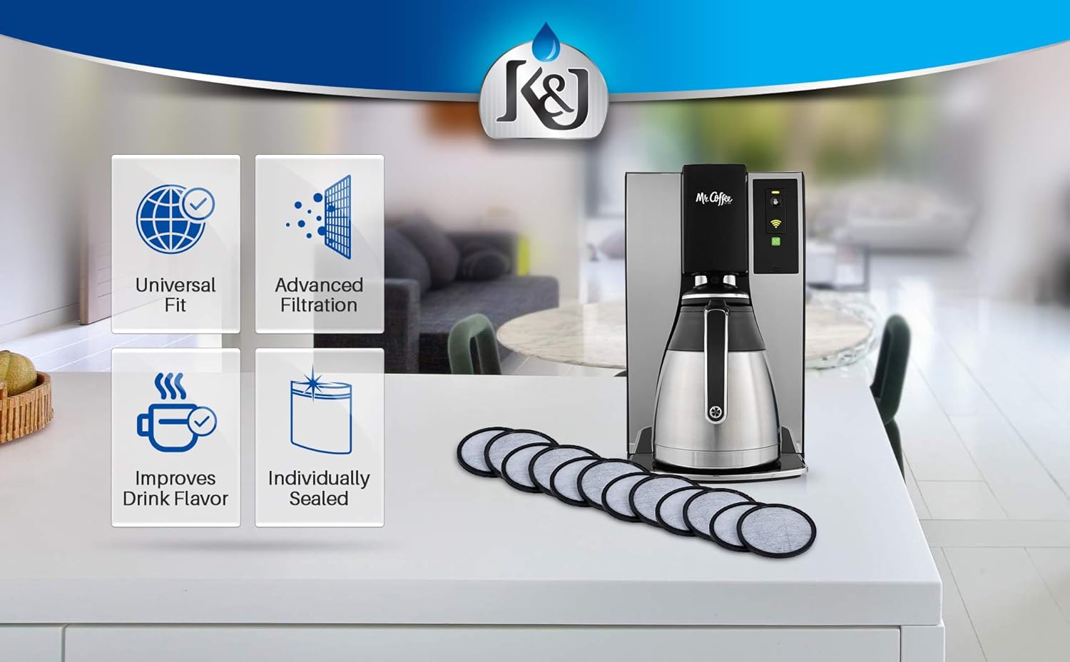 K&J 12-Pack of Compatible Mr. Coffee Water Filter Discs - Universal Fit - Replacement Charcoal Water Filter Discs for Mr Coffee Coffee Brewers - Better Than OEM!: Kitchen & Dining