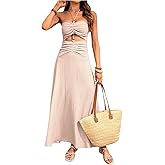 SOLY HUX Women's Halter Maxi Dress Summer Ruched Cut Out Beaded Flowy Dresses Beach Vacation Clothes