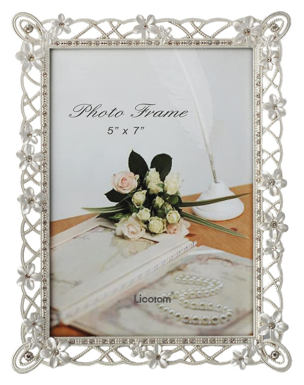 Licotom Metal Picture Frame Silver Plated with Pearly White Flowers and Crystals, 5 x 7 Inch Photo Frame
