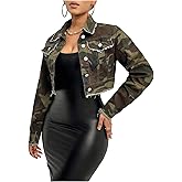 WDIRARA Women's Camo Print Button Down Crop Denim Jacket Long Sleeve Frayed Hem Jean Coat