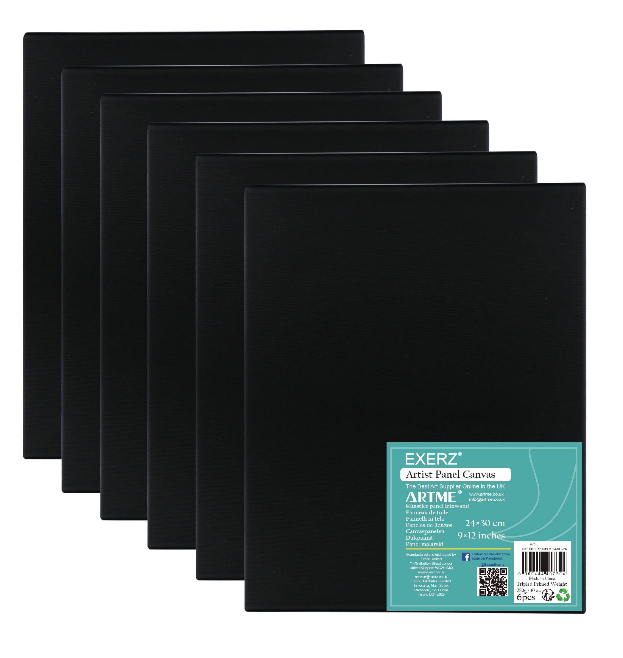 Exerz 24x30cm Black Canvas Panels 6pcs - 3mm 280gsm 100% Cotton/Blank Artist Canvas Board/Triple Primed/Acid Free/Medium Grain - Oil & Acrylic (24x30cm-6pk Black)