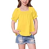 BesserBay Girls Summer Puff Short Sleeve Square Neck Tee Shirts Ruffle Smocked Blouses Cute Swiss Dot Tops 5-14 Years