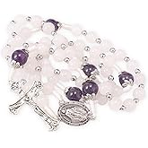 Nazareth Store 8mm White Jade & 10mm Natural Stone Beads Rosary Necklace St. Miraculous Medal & Cross Crucifix Catholic Prayer Beads Religious Jewelry