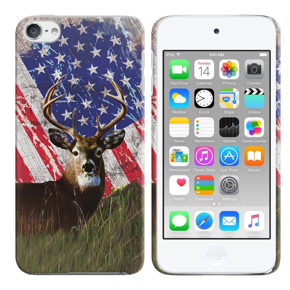 FINCIBO Case Compatible with Apple iPod Touch 5 6 7th Gen 2019, Back Cover Hard Plastic Protector Case Stylish Design for iPod Touch 5 6 7 - Vintage American USA Flag Deer