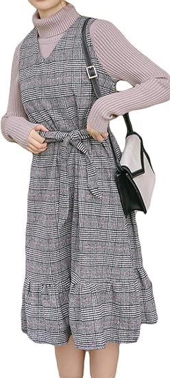 Amazon Bestmoodレディース ワンピース ノースリーブ チェック柄 ひざ丈 フレアワンピース ハイウエスト 着痩せ キャミワンピ 秋 冬 ｖネックワンピース 韓国ファッション Freesizeグレー ワンピース チュニック 通販