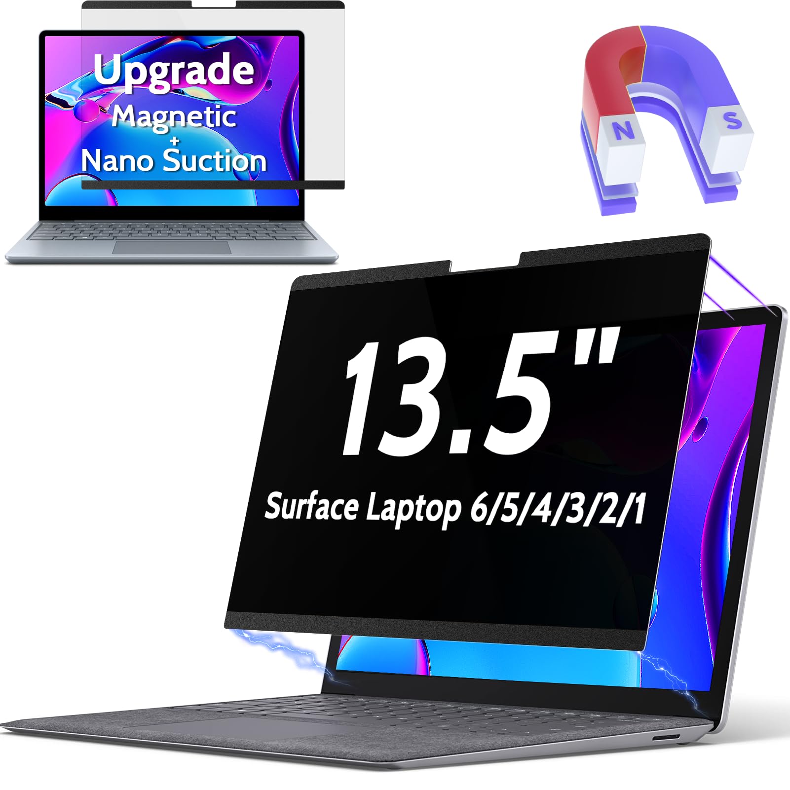 Photo 1 of Peslv Magnetic Privacy Screen for Surface Laptop 6/5/4/3/2/1 13.5 Inch, Removable Anti Blue Light Glare Filter, Black Security Private Apy Block Protector