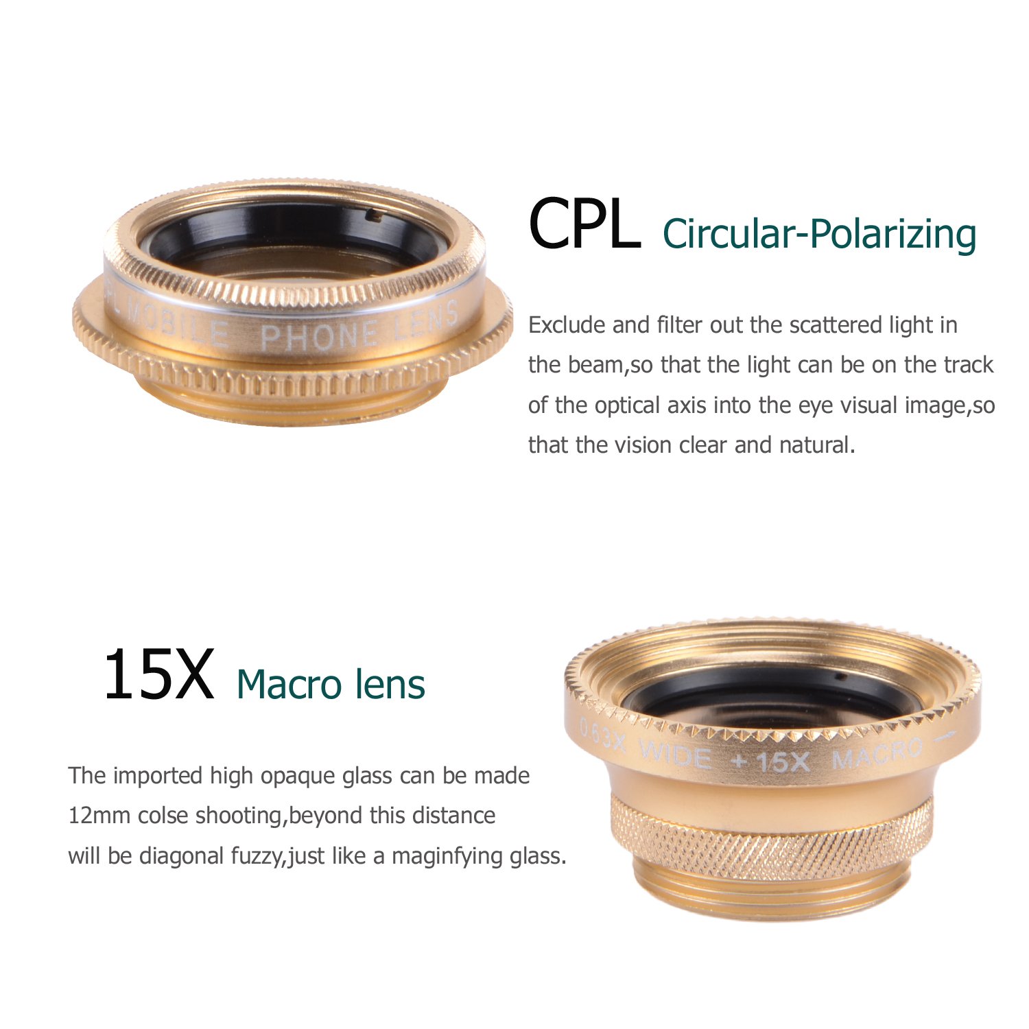 Cell Phone Camera Lens, YELIN 4 in 1 Phone Camera Lens, 198°Fisheye Lens 15X Macro Lens 0.63X Wide Angle Lens CPL Lens Universal Clip-on Camera Lens Kit for iPhone Samsung etc. (Gold & White)