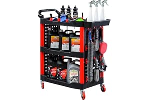 E-GREETSHOPPING Rolling Utility Detailing Tool Cart, 3 Tier Car Wash Trolley With Side Hanging Plate & Hooks, Mobile Cart for Mechanics & Detailers During Repairs and Waxing