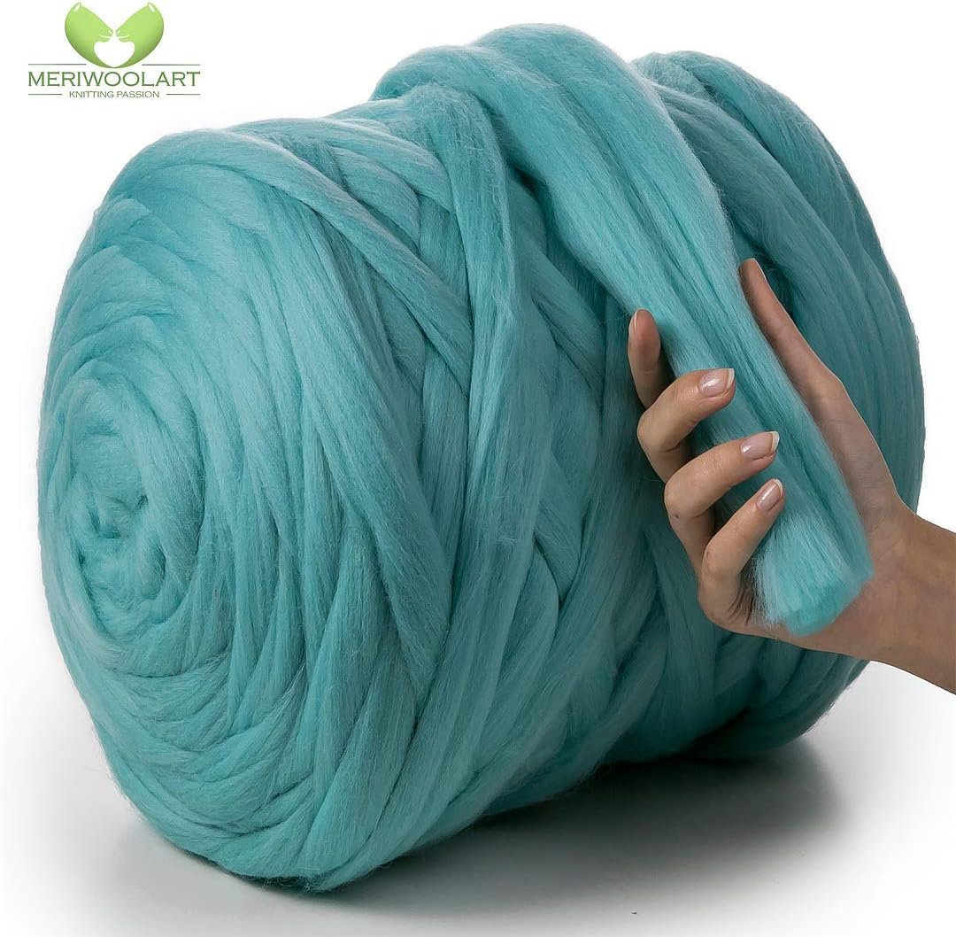 MeriWoolArt 100% Merino Wool Chunky Yarn Super Soft 25 Micron Extra Thick | 4-5 cm |, Arm Knitting, Blanket, Throw, Scarves, Roving, Spinning, Felting (Ocean, 500g)