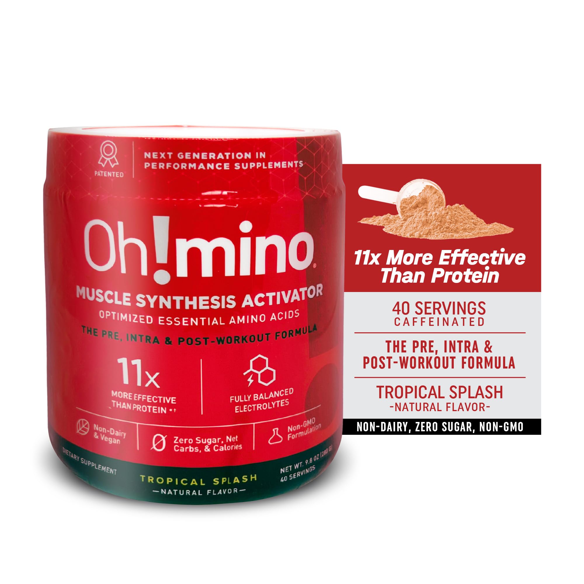 Oh!mino Essential Amino Acids Supplement. Tropical Splash, Cafeeinated Powder. All 9 EAAs, BCAAs and The Perfect Amino for Workouts, Amino Energy, and to Build Muscle, and Recover Faster.