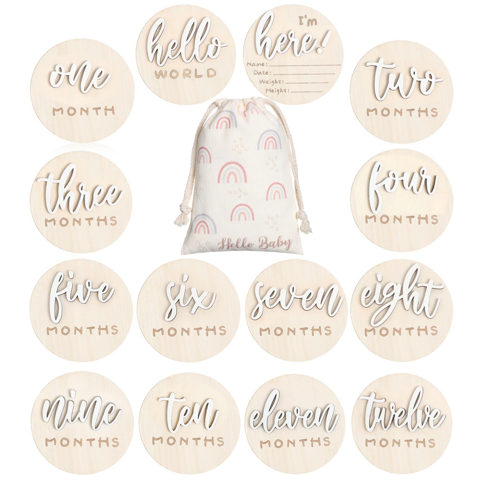 Photo 1 of Burbell 3D Baby Monthly Milestone Card Signs Baby Announcement Sign 7 Pack Double Sided Hello World Newborn Signs Wooden Circles Discs for Welcome Newborn Shower Boy Girl Photo Props(White)