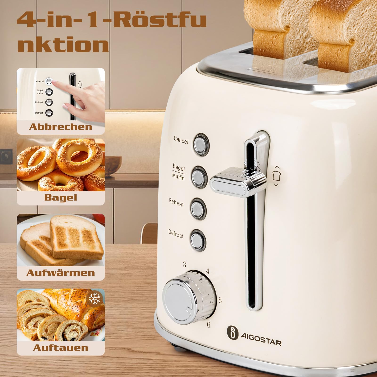 Aigostar Toaster 2 Scheiben, Retro Edelstahl Creme, 4 Funktionen (Bagel/Auftauen/Aufwärmen/Abbrechen), Extra Breite Toastschlitze, 6 Bräunungsstufen, Liftfunktion, 800W. Retro Cream 2