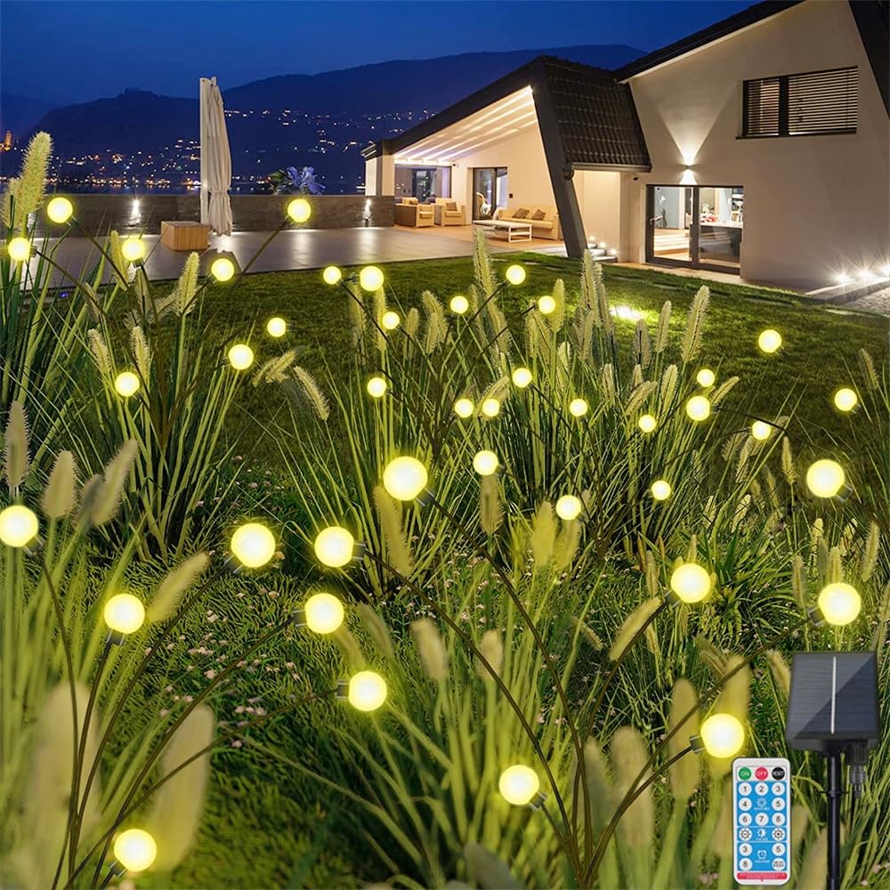 WALCHO Firefly Solar Garden Lights, 4 Pack 6 LED 1200mAh(Powered by 1 Solar), Swaying Solar Lights Outdoor, 8 Modes IP65 Waterproof Firefly Lights Outdoor Decor for Garden,Yard,Pathway- Warm White