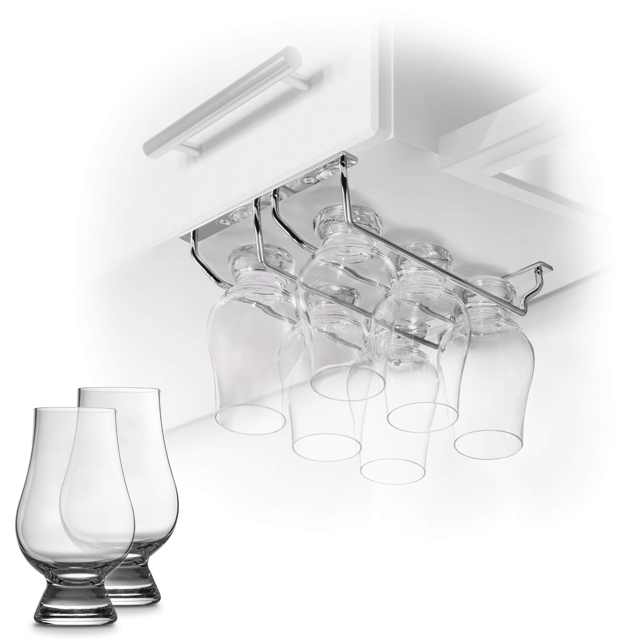 CairnCradle Whiskey Glass Rack - Under Cabinet Whisky Tasting Glasses Holder Storage Hanger Metal Organizer for Bar Kitchen (2 Across x 3 Deep, Polished Stainless)