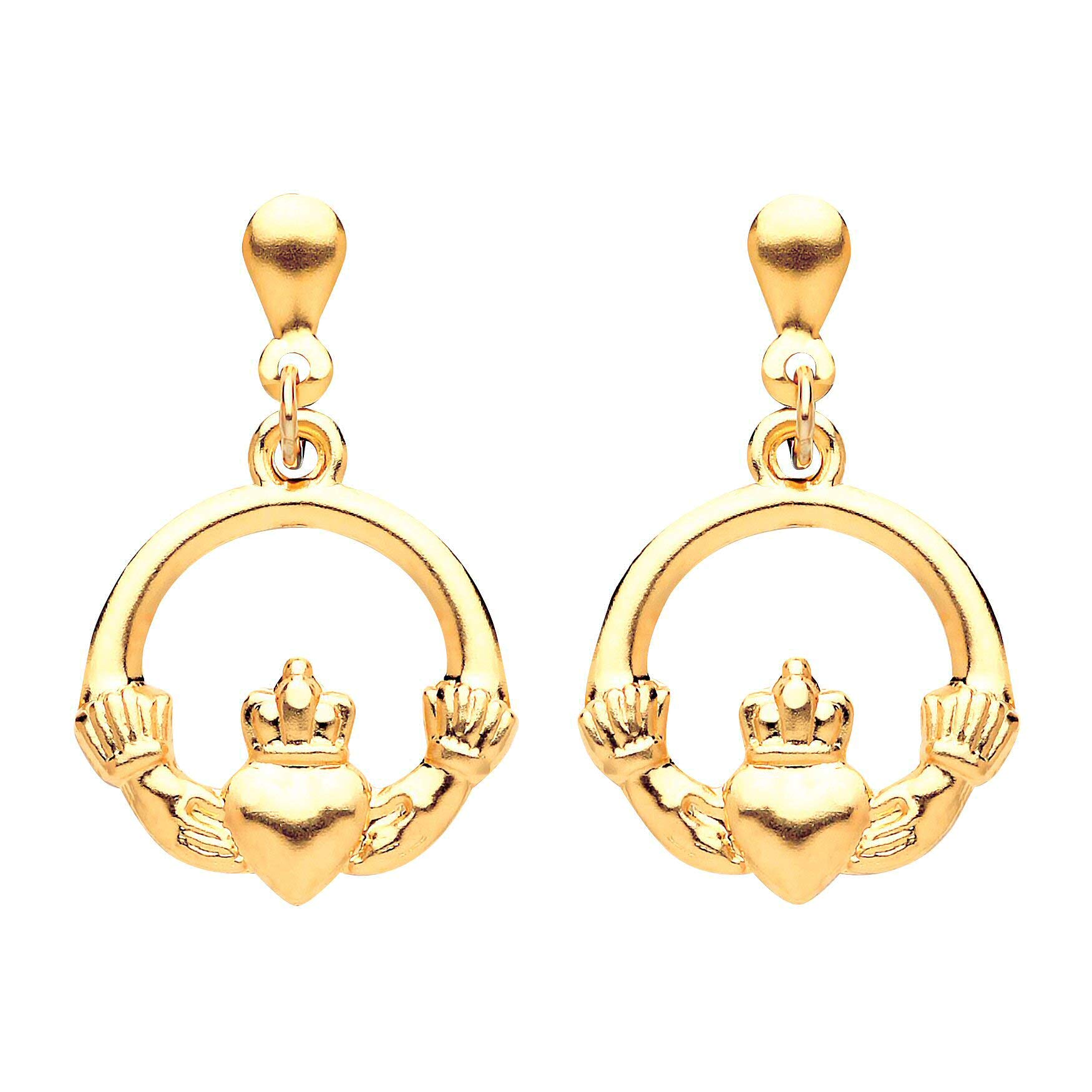 24MM 9ct Yellow Gold Irish Celtic Claddagh Hoop Drop/Dangly Stud Earrings for Women - 9ct Yellow Gold - 0.52 Grams