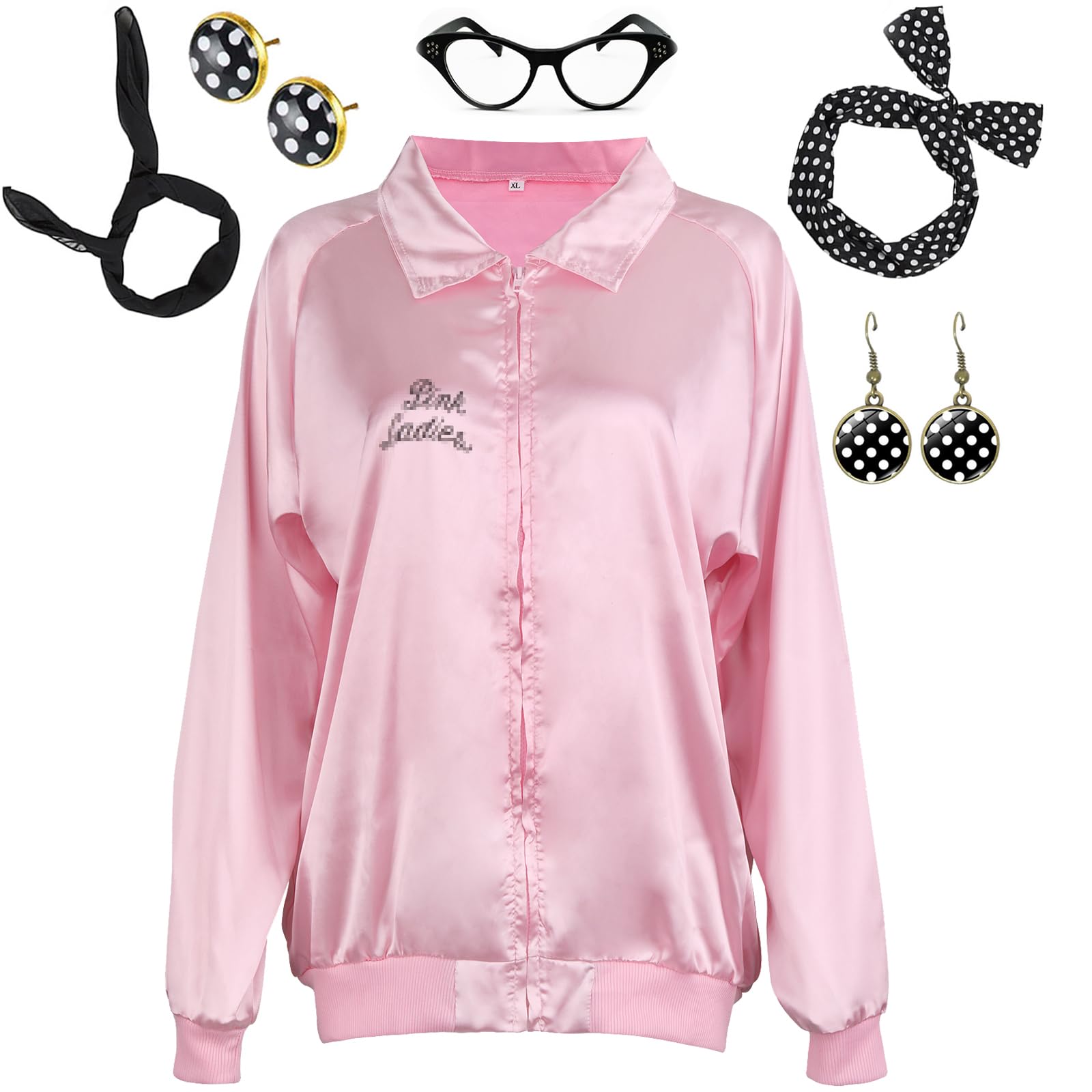 ATOWORLD Pink Ladies Jacket for Ladies Adults 50s 1950s Fancy Dress Women with Accessories Scarf Headbands Earrings Glasses Pink Lady Jacket Grease Fancy Dress Costume Outfit for Women Halloween M