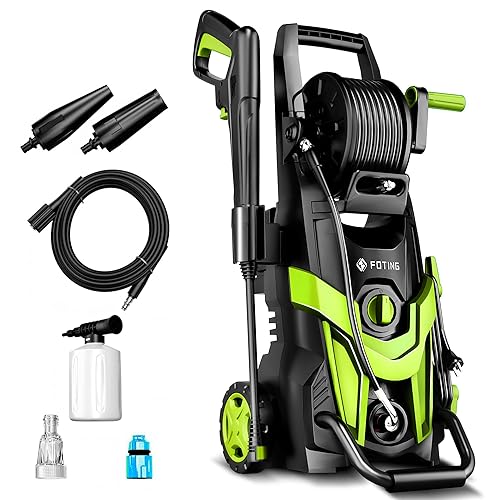 Pressure Power Washers with Hose Reel,Foam Cannon and Adjustable Nozzles,Area Coverage: 50㎡/h,Pressure:max.145 bar,Flow Rate:420 l/h,High Pressure Washer for Cars,Fences,Patios and Driveway