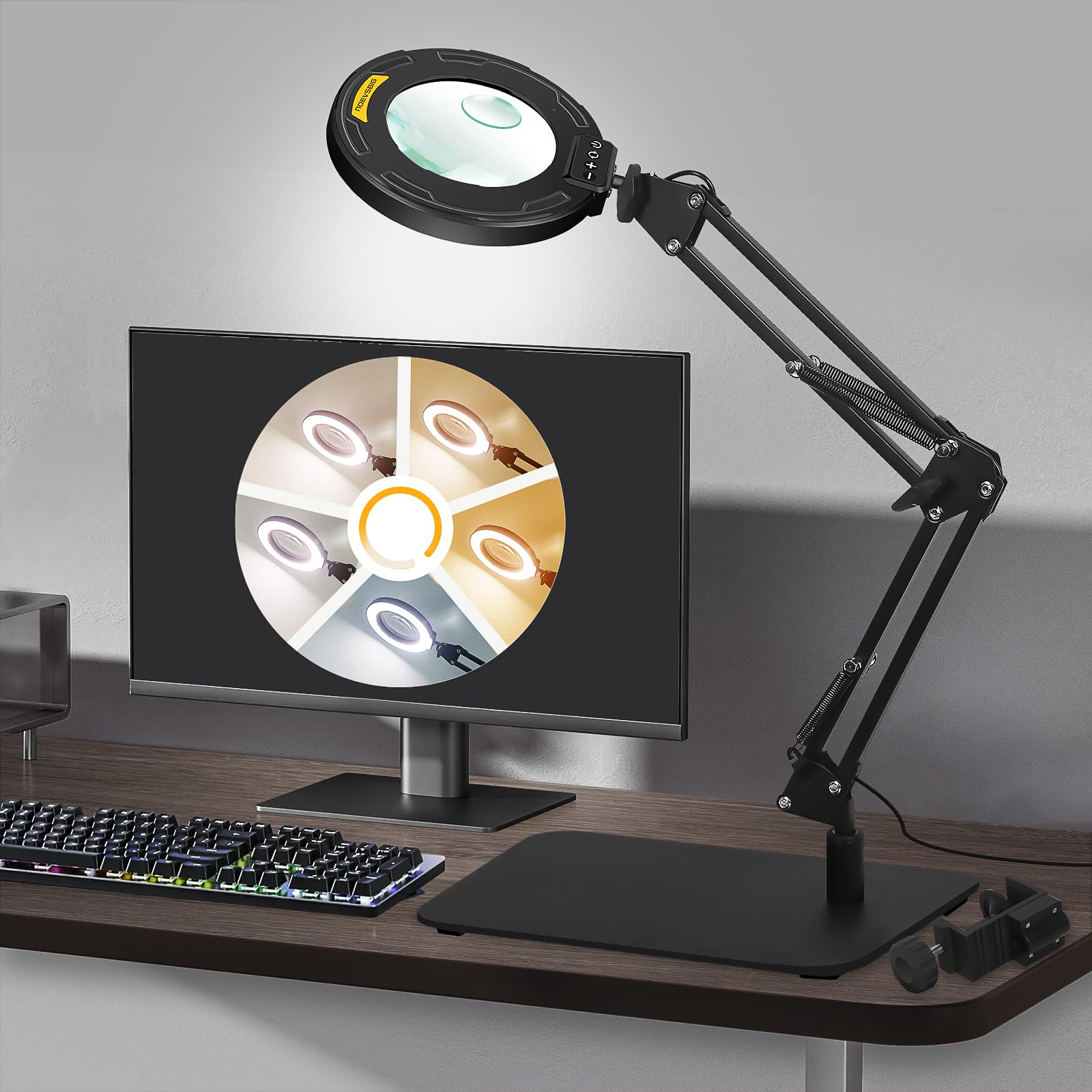 Photo 1 of Magnifying Glass with Light and Stand 12X 20X Desktop Magnifier Desk Lamp Close Work Up for Table Crafting, Reading, Sewing, Soldering, Easy Use 5 Color Modes Head Controller, 2 in 1 Stable Base Clamp