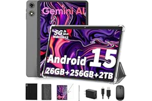 JJGJ 2025 Android 15 Tablet 10 Inch, 26GB+256GB+2TB Expand, 2 in 1 Tablets with Keyboard Case Mouse Stylus, 8000mAh Battery, Octa-Core, Dual Camera, Supports Widevine L1, 5G WiFi, GPS（Black Case）