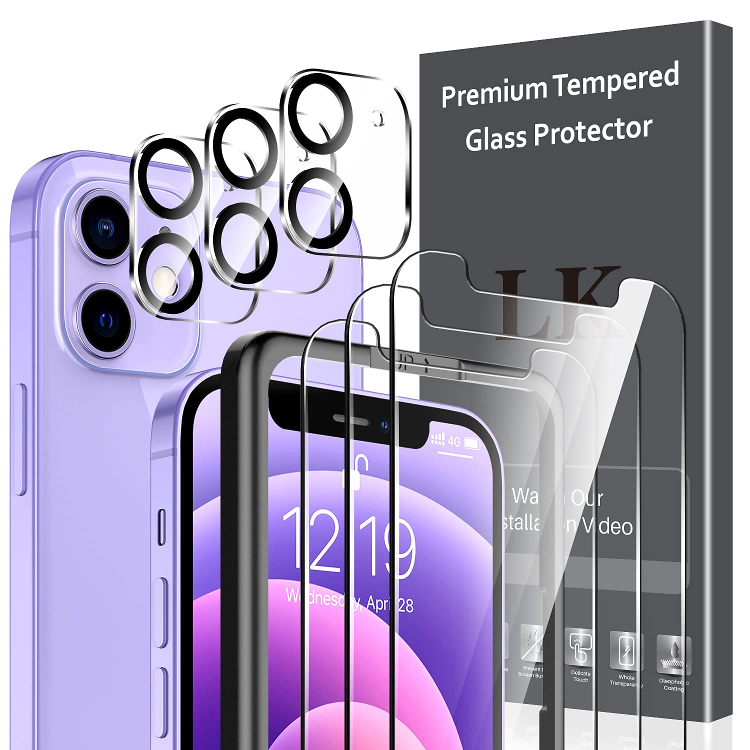 LK 3+3 Tempered Glass Compatible with iPhone 12 Mini (5.4 inches), 3 x Screen Protectors and 3 x Rear Camera Protector, Anti-Scratch and Bubble-Free Screen Protector with Installation Frame (Ultra-HD)