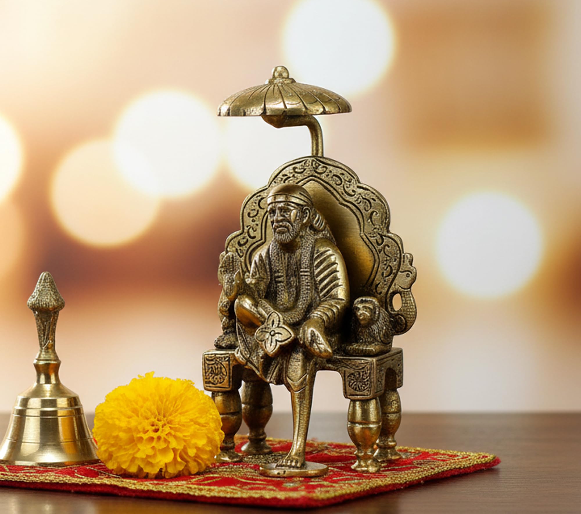 eSplanade Shirdi Sai Baba Statue with Chair and Chatra Showpiece 6" Standard Golden