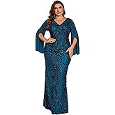 Plus Size Long Glitter Mermaid Dress for Mother of The Bride Women's Long Sleeve V-Neck Sequin Formal Gown