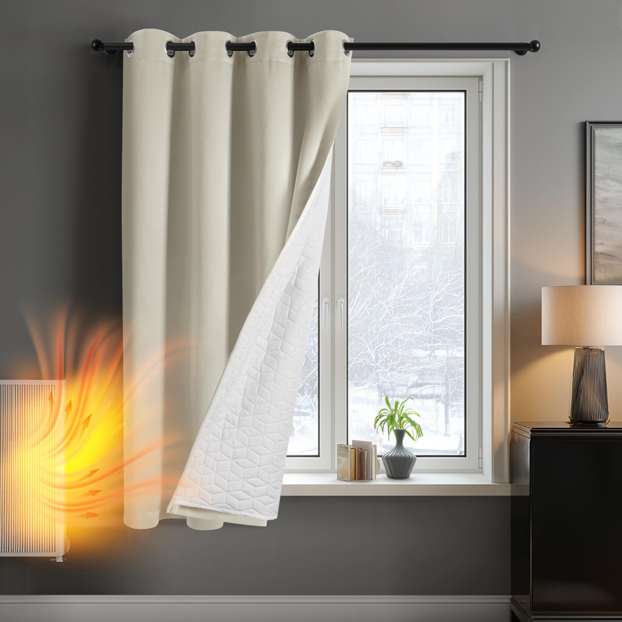 Deconovo Multifunctional Thermal Lined Curtain Eyelet, Blackout Curtain Double Layer, 2-Layers Solid Soundproof Windproof Curtain for Kitchen, 52 x 54 Inch(Width x Length), Light Beige, 1 Panel